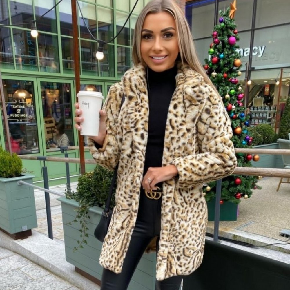 1 DAY SALE! Leopard Print Long Sleeve Faux Fur Coat Jacket - Picture 5 of 9